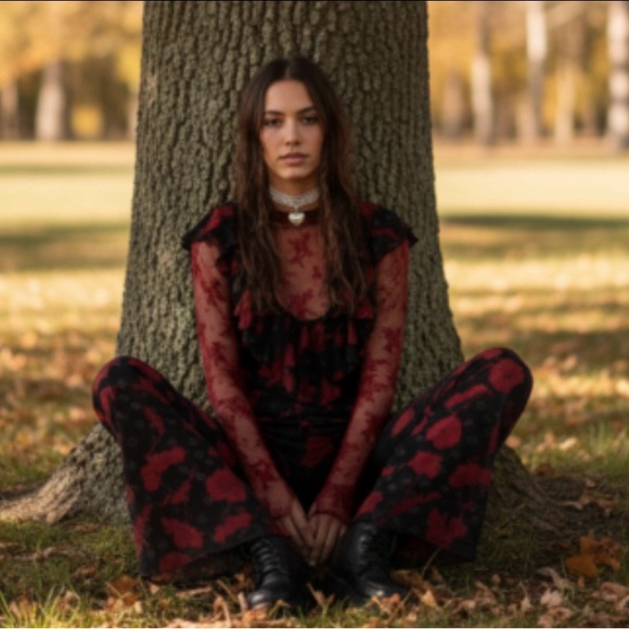 Free People Pants - Free People Austyn Femme Floral Flare Wide Leg Ruffle Trim Jumpsuit